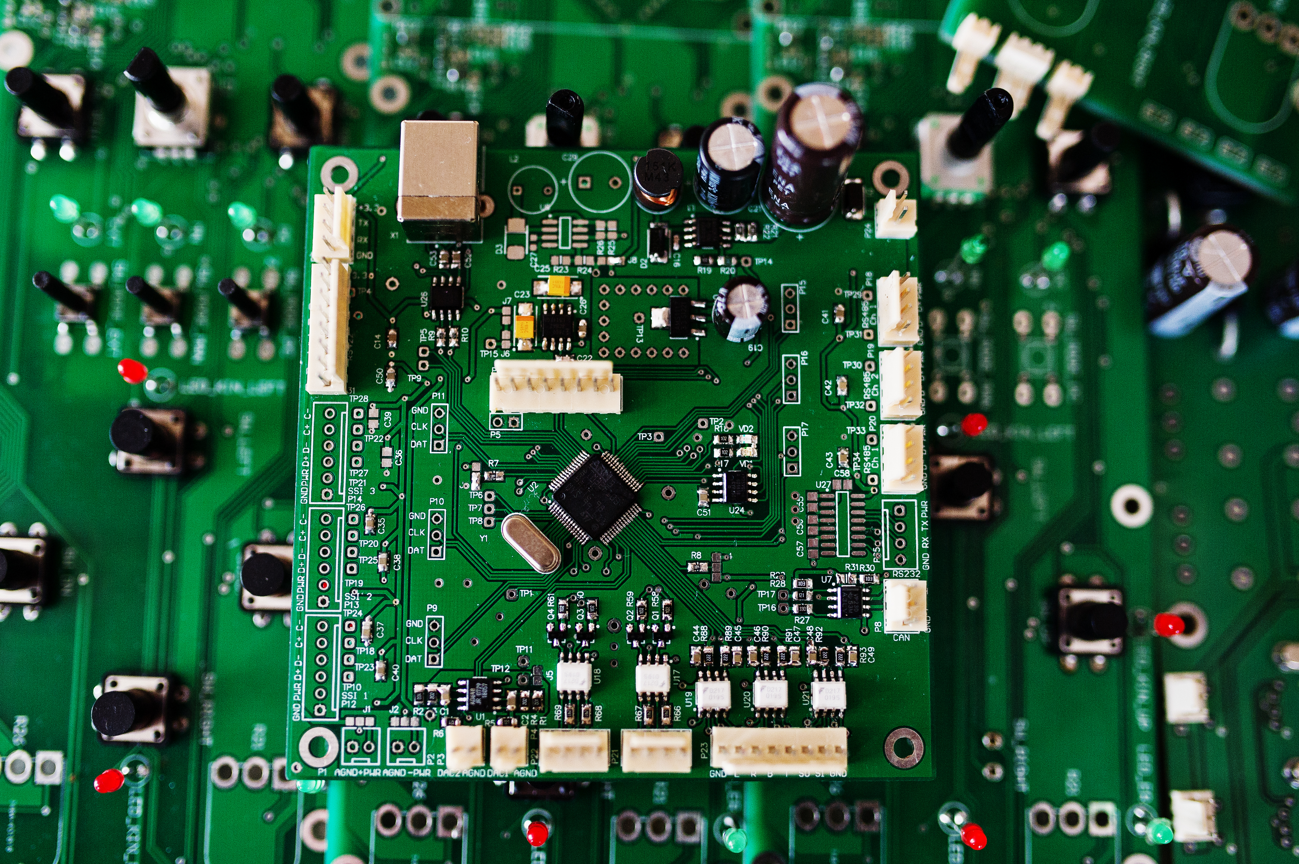 Circuit board of electronic computer hardware technology. Motherboard digital chip.